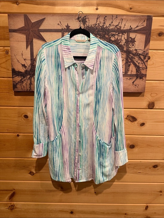 Soft Surroundings Tops - Soft Surroundings Striped Button-Up Blouse in Teal, Lavender & Aqua